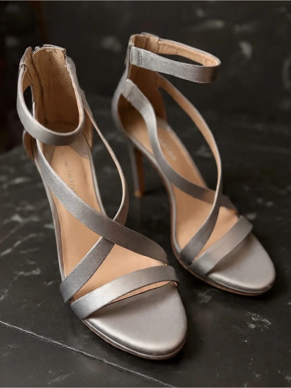 Antonio Melani Silver Rhinestone Strappy Stiletto Peep Toe Heel Zip Leather Sole - Picture 6 of 12